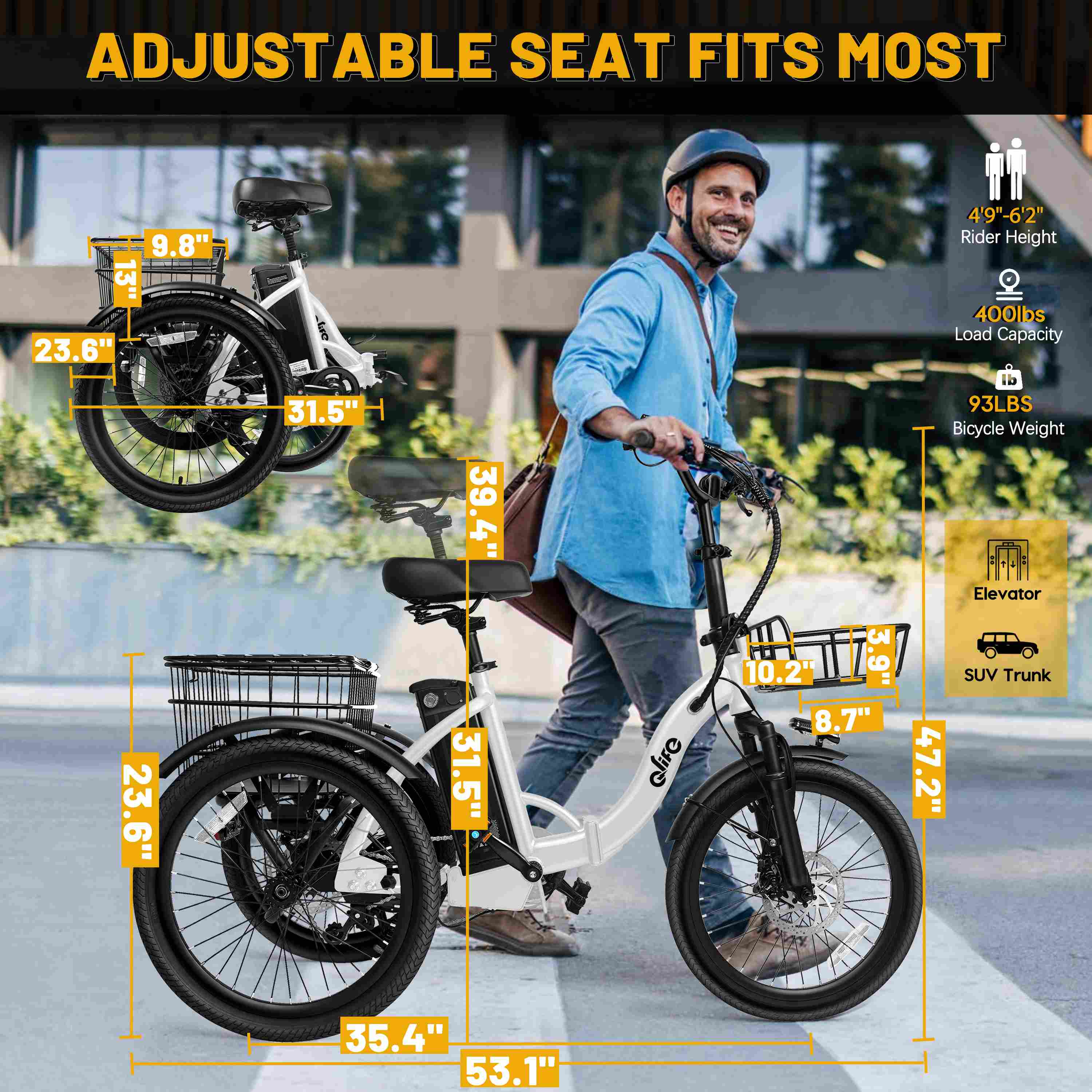 Qlife Triker Folding 3 Wheel Pedal-Assist Electric Cargo Tricycle Bike