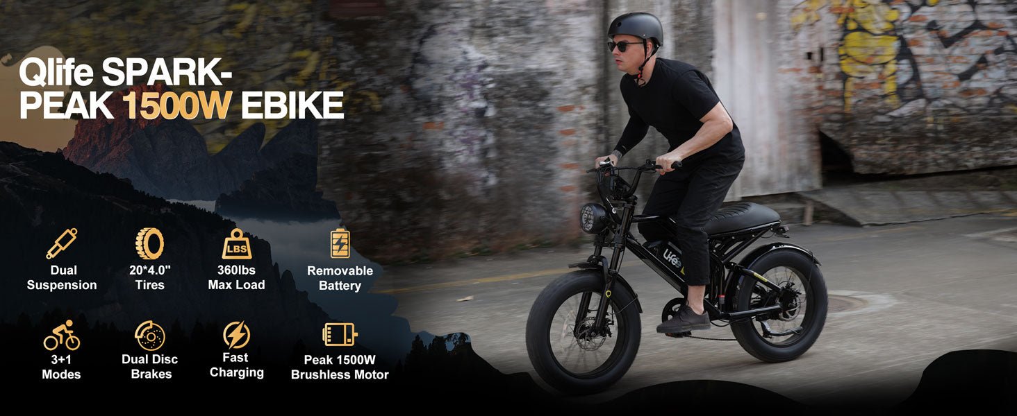 Qlife Spark Fast Full Suspension Electric Fat Tire Dirt Mountain Electric Bike - E - Lite Ride