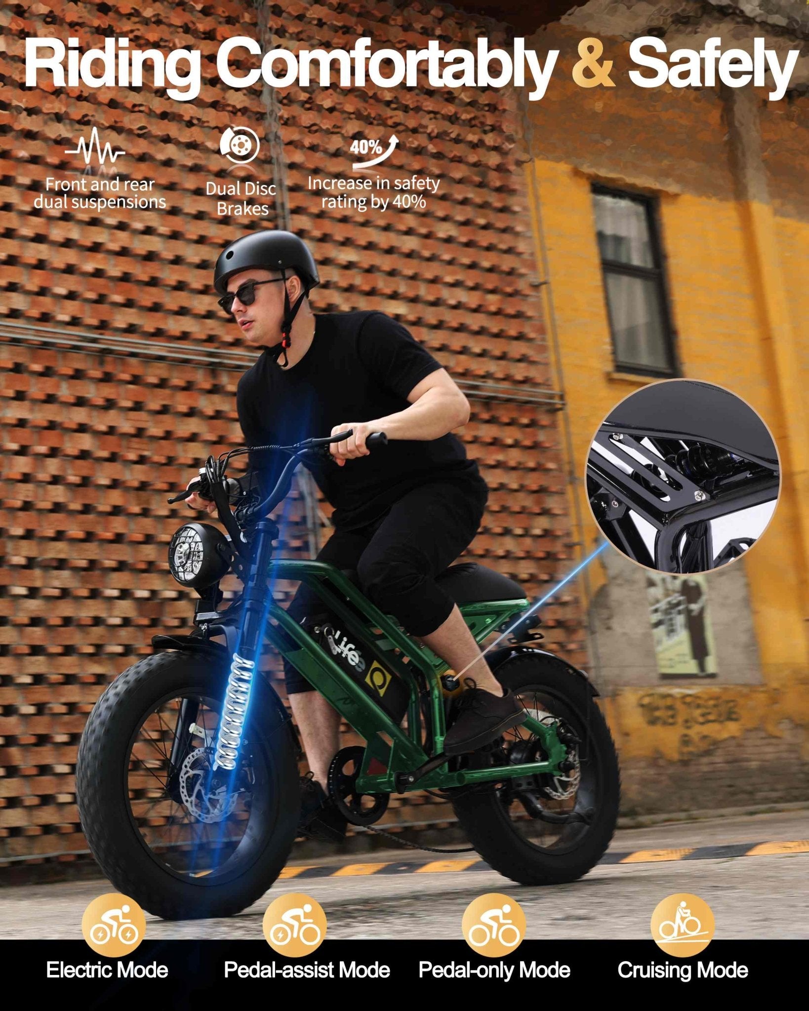 Qlife Spark Fast Full Suspension Electric Fat Tire Dirt Mountain Electric Bike - E - Lite Ride