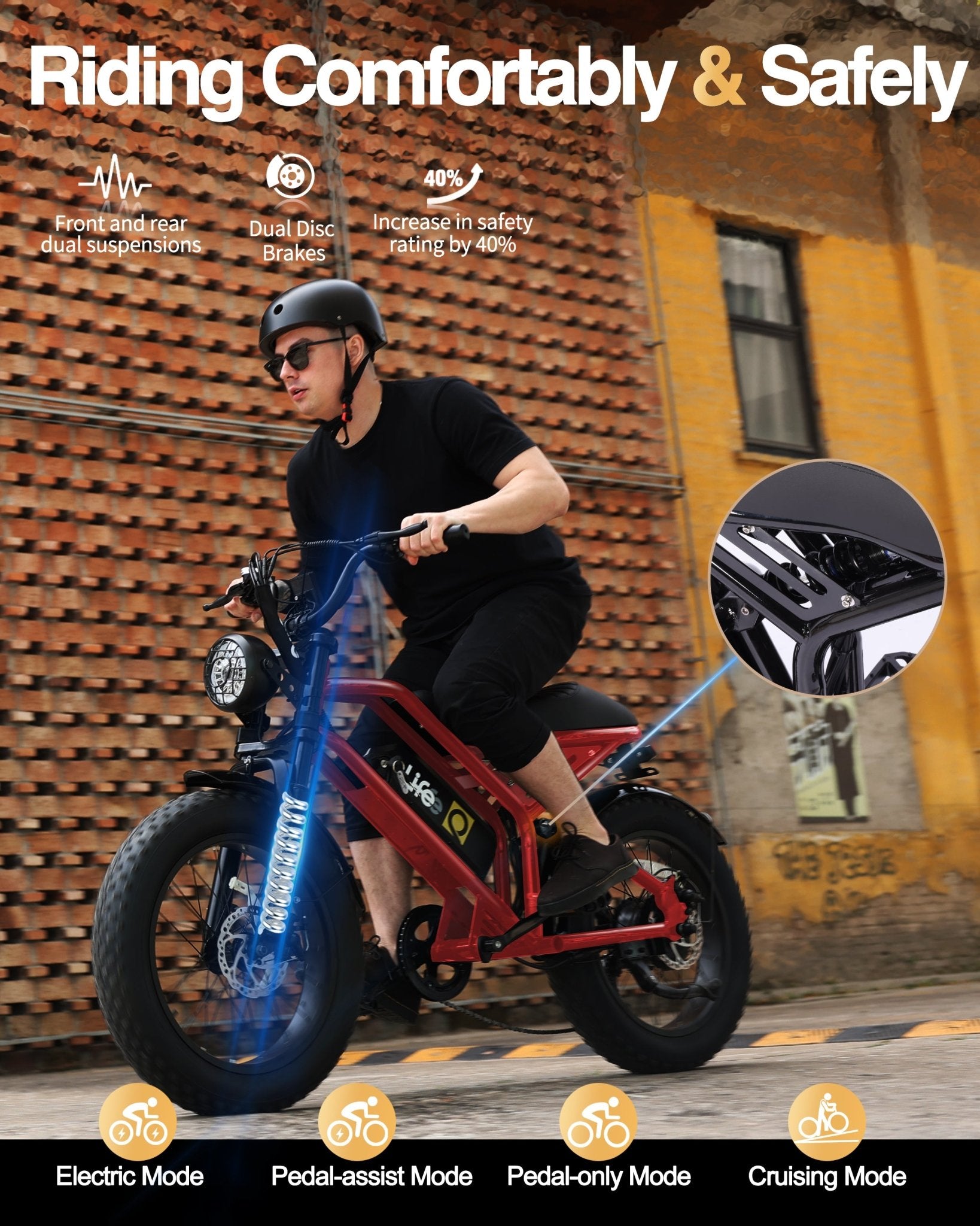 Qlife Spark Fast Full Suspension Electric Fat Tire Dirt Mountain Electric Bike - E - Lite Ride