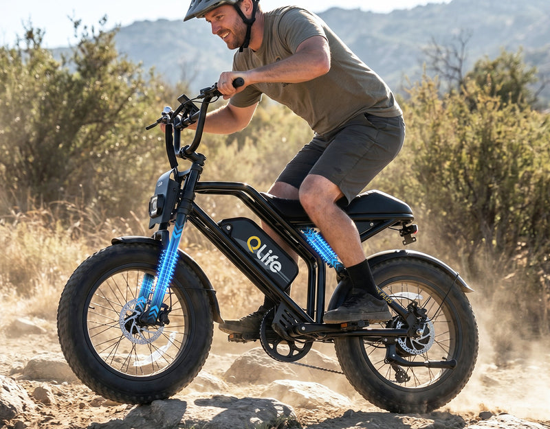 Qlife Spark Plus Moped-Style Fat Tire E-Bike - Outdoor Riding Lifestyle Scene | E-Lite Ride