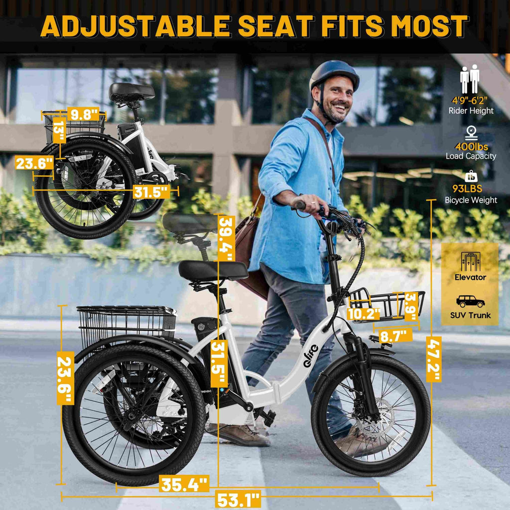 Qlife Triker Folding 3 Wheel Pedal - Assist Electric Cargo Tricycle Bike - E - Lite Ride