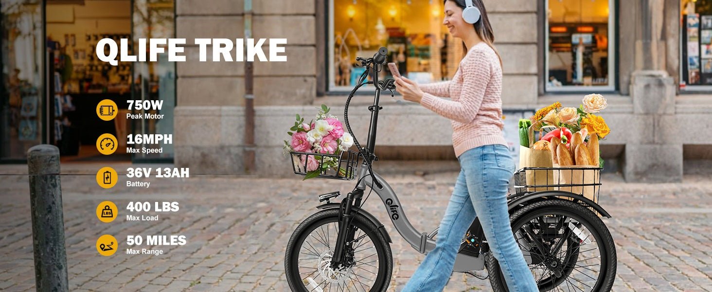 Qlife Triker Folding 3 Wheel Pedal - Assist Electric Cargo Tricycle Bike - E - Lite Ride
