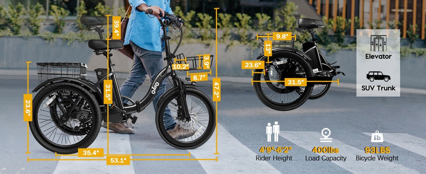 Qlife Triker Folding 3 Wheel Pedal - Assist Electric Cargo Tricycle Bike - E - Lite Ride